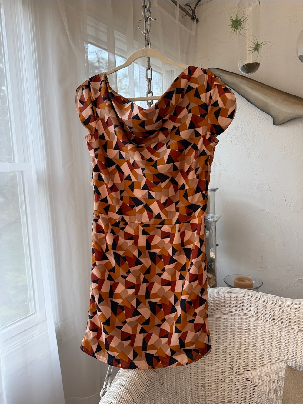 Short Geometric Print Cowl Neck Mini Dress in Multi-Color